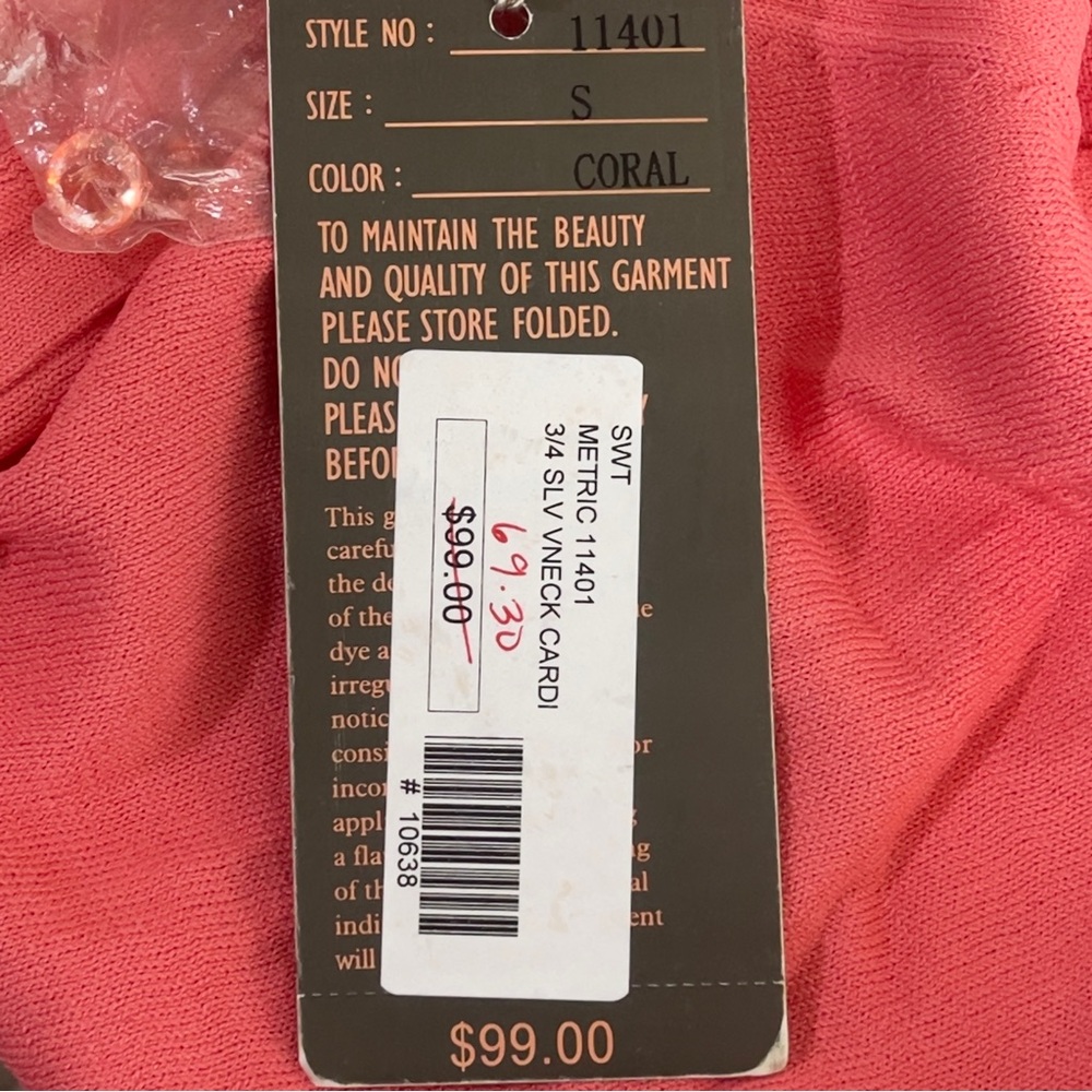 Metric New York Coral V-Neck Button Down Sheer Sleeve Cardigan NWT Small - Picture 7 of 11